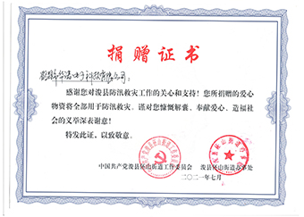 ?？h伾山街道辦事處《防汛救災(zāi)捐贈證書》